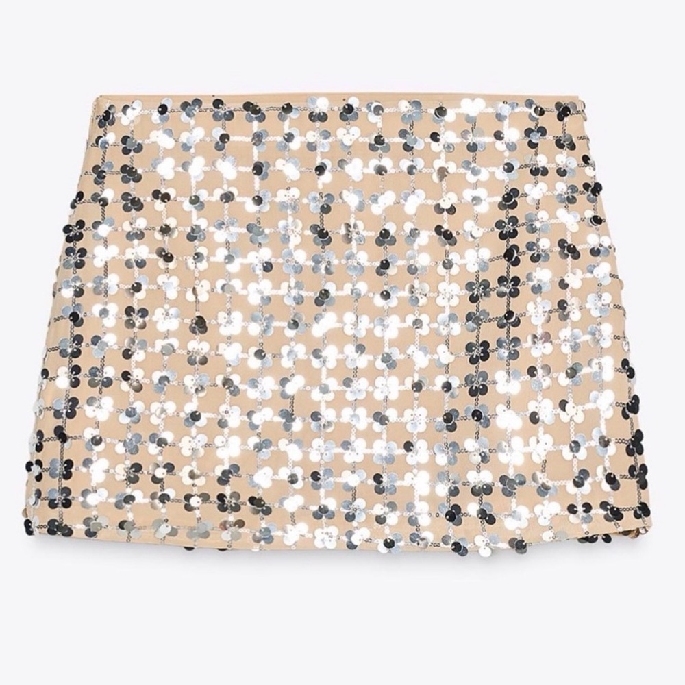 Zara Beige and Silver Sequin Mini Skirt